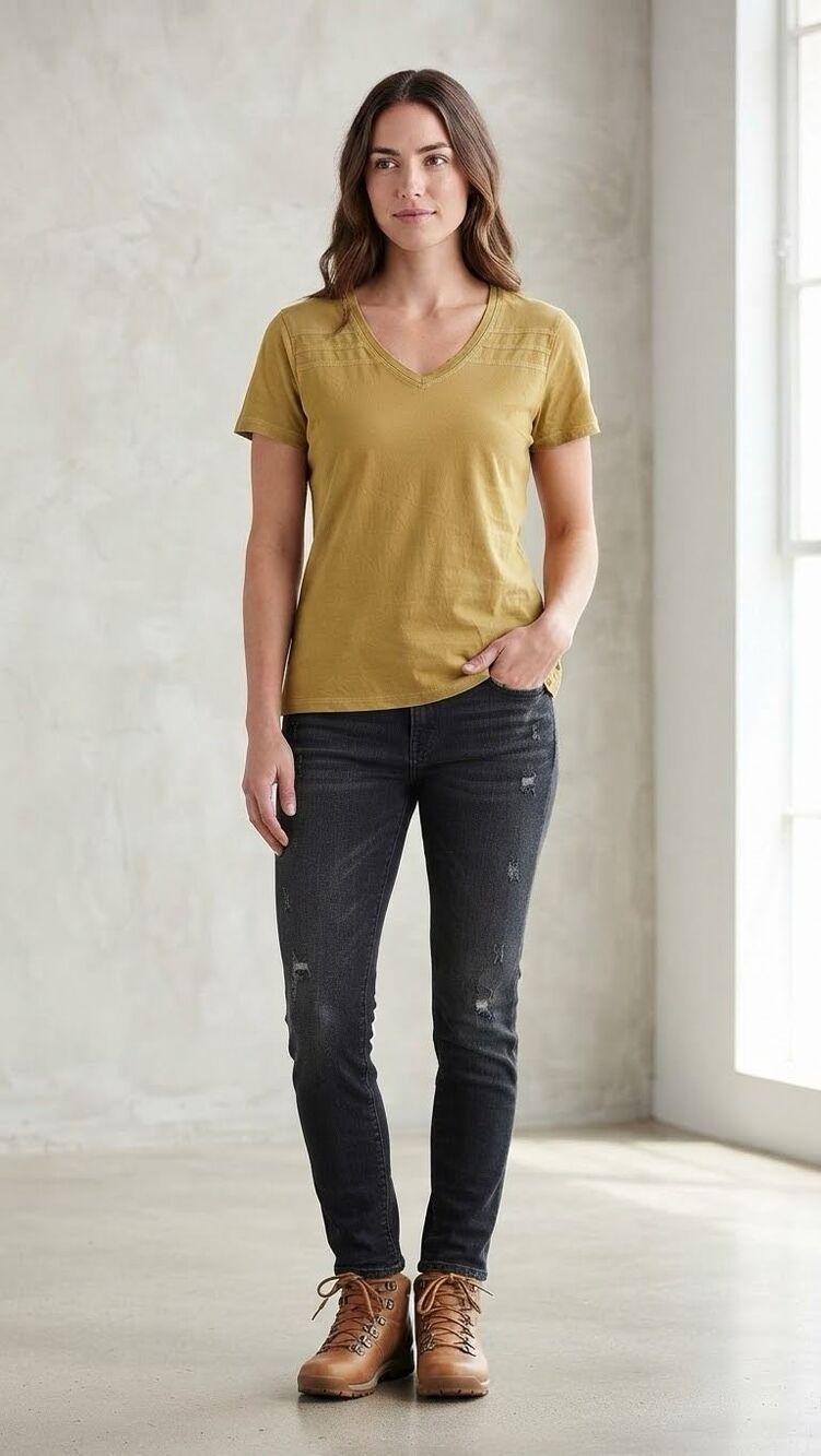 Kühl Women’s Organic Cotton V-Neck Short Sleeve Mustard Yellow Olive Green Top M